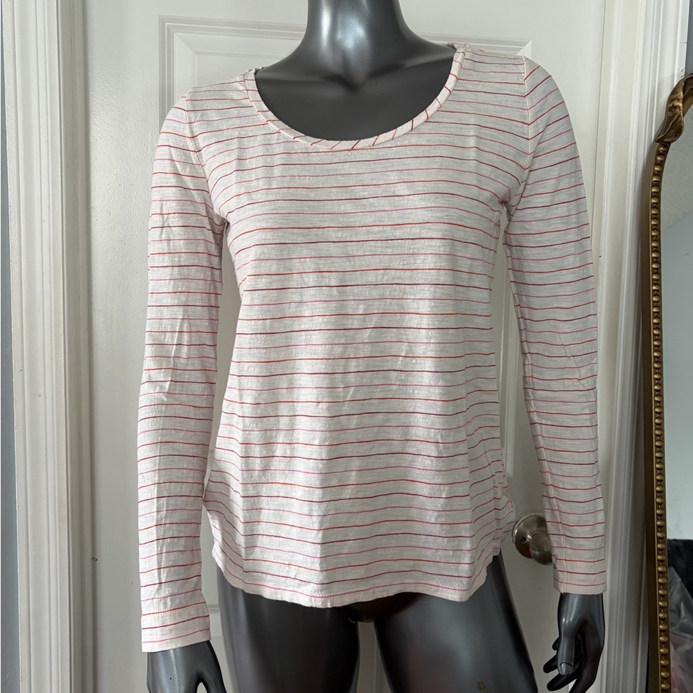 LOFT Vintage Soft Pink, Orange & White Striped Long Sleeve Scoop Tee